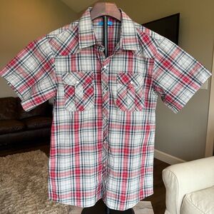 Short Sleeve Western Plaid Button Down Shirt Youth 16 Gray, Tan and Red